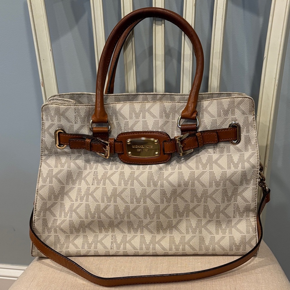 Michael Kors Hamilton in Vanilla and Acorn Beige Signature MK Satchel